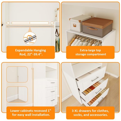 Closet System with Wooden Drawers, 8FT Closet Organize System with Drawers & Hanging Rods &for Walk in Closets, 4PCS*24" Freestanding Closet System, White(8FT)