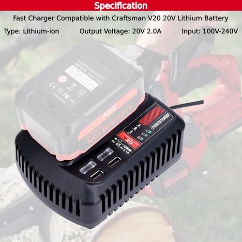 Tulepowceeng CMCB104 Fast Charger Compatible with Craftsman 20v V20 Lithium Battery CMCB201 CMCB202 CMCB205 CMCB209 CMCB206 CMCB202-2 Replacement for 20v Battery Charger CMCB100 CMCB102 CMCB124
