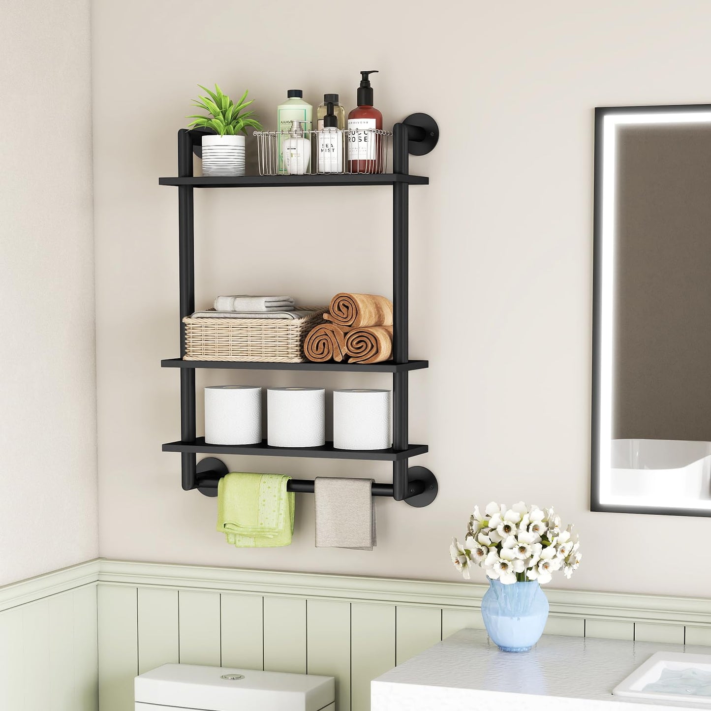 Bathroom Shelves Wall Mounted, 3 Tier Towel Racks with Towel Bar, 26in Stainless Steel Floating Pipe Shelves Over Toilet, Wall Shelves for Bathroom Laundry Room Kitchen Storage