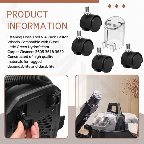 Self-Cleaning Hose Tool & 4 Pack Castor Wheels Compatible with Bissell Little Green HydroSteam Carpet Cleaners 3605 3618 3532