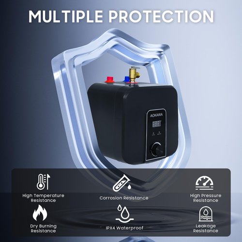 Aokawa Electric Mini Tank Water Heater 2.5 Gallon Under Sink Instant Hot Water Point of Use for RV Kitchen Bathroom Camper with Safety Vavle 1/2" NPT Wall or Floor Mounted