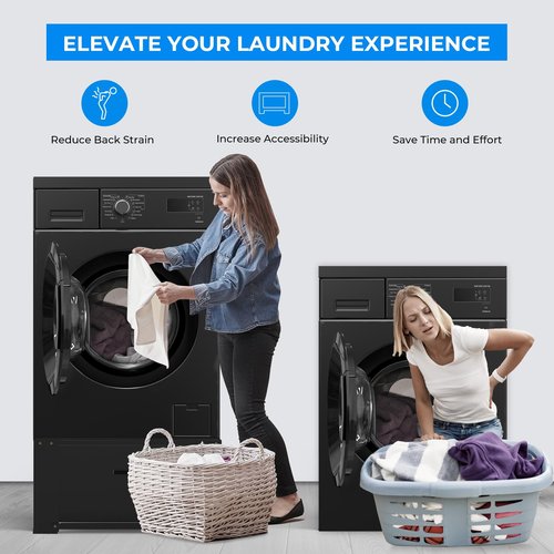 2 Pack Washer Dryer Pedestals with Drawer - 28" Laundry Pedestal for Washer and Dryer Stand, Steel Washing Machine Stand Raiser, 14.3 Inches Height Elevation Black