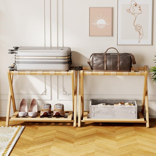 Oakvora Full Assembled Luggage Rack for Guest Room, Set of 2 Foldable Suitcase Stand with 5 Nylon Straps, Luggage Holder with Shoe Shelf for Suitcases Hotel (Natural Wood Bamboo Luggage Stands)