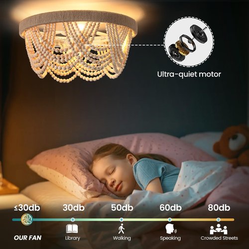 20" Boho Fandelier Ceiling Fan with Light and Remote Control 6 Speeds Low Profile Bladeless Ceiling Fan Wood Beaded Flush Mount Chandelier Fan for Bedroom Living Room