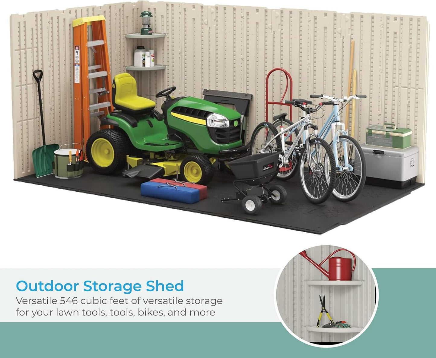 Suncast 8’x10’ Tremont Resin Shed, Vanilla & Slate – Backyard Storage Unit with Skylights, Corner Shelves, Reinforced Floor & Double Doors – Store Lawn Mower, Garden Equipment & Outdoor Tools