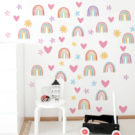 Small Rainbow Wall Stickers, Colorful Rainbow Wall Decal, Peel and Stick Pink Heart Sun Wall Sticker, Multicolor Star Window Clings Decoration for Girls Boys Baby Bedroom Nursery Classroom Wall