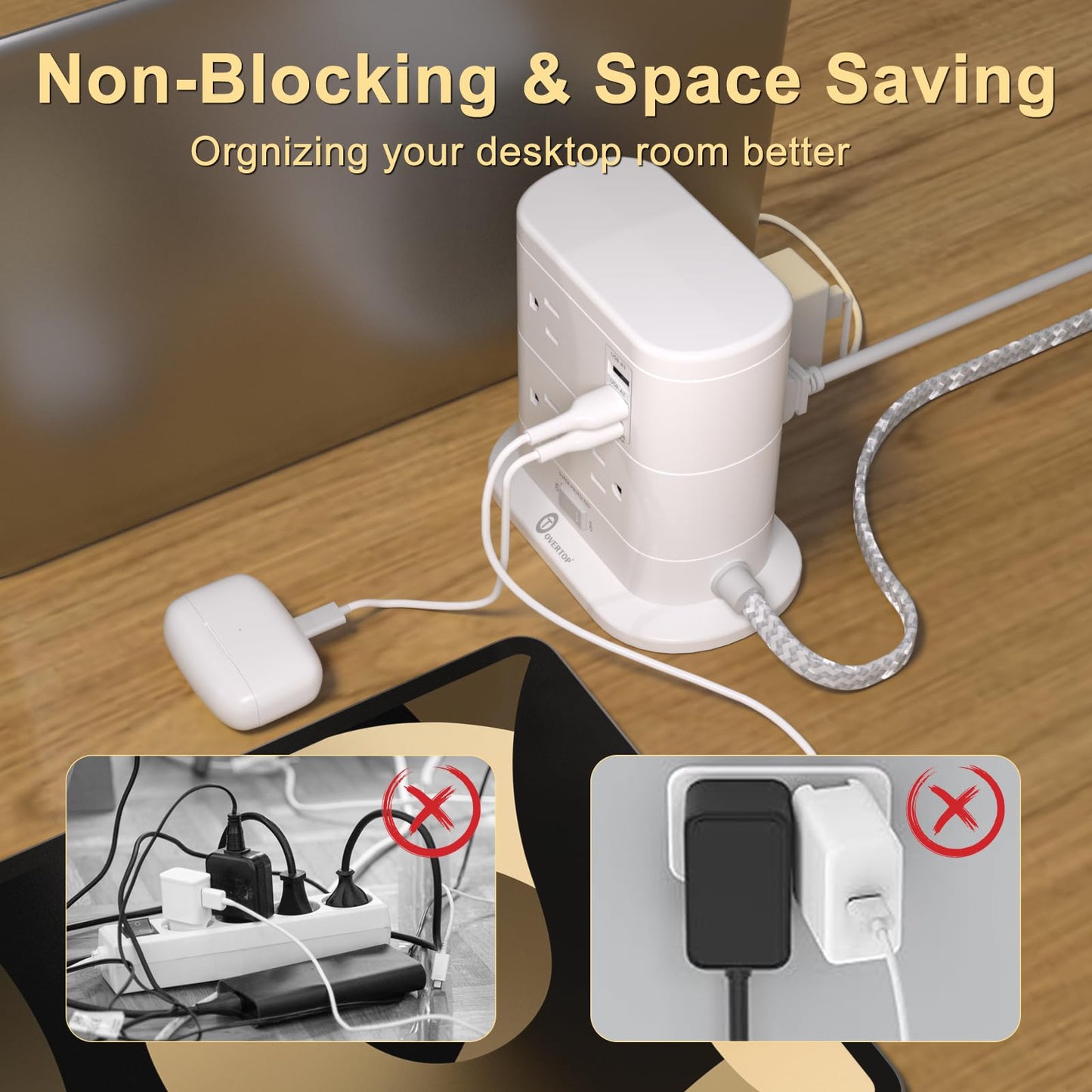 Tower Power Strip with Surge Protection, Flat Plug Power Strip with 7 AC Outlets 3 USB Ports, Tower 1625W/13A 1600J, 6Ft Extension Cord with Multiple Outlets, Office Supplies, Dorm