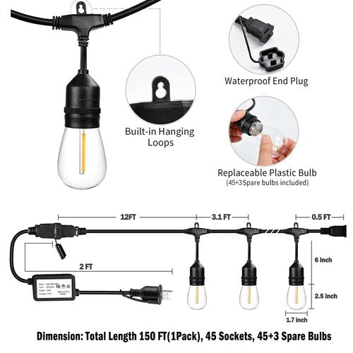 1-Pack 150 ft Outdoor String Lights for Outside with Remote Patio Lights Weatherproof, 45+3 Spare S14 Shatterproof Warm 2200K Bulbs, Linkable