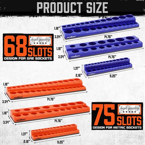 HORUSDY 6-Piece Magnetic Socket Organizer Set, Magnetic Socket Holder, 1/4", 3/8", 1/2" Socket Holds 143 Pieces Magnetic Socket Trays. (6-Piece Magnetic Socket Organizer Set)