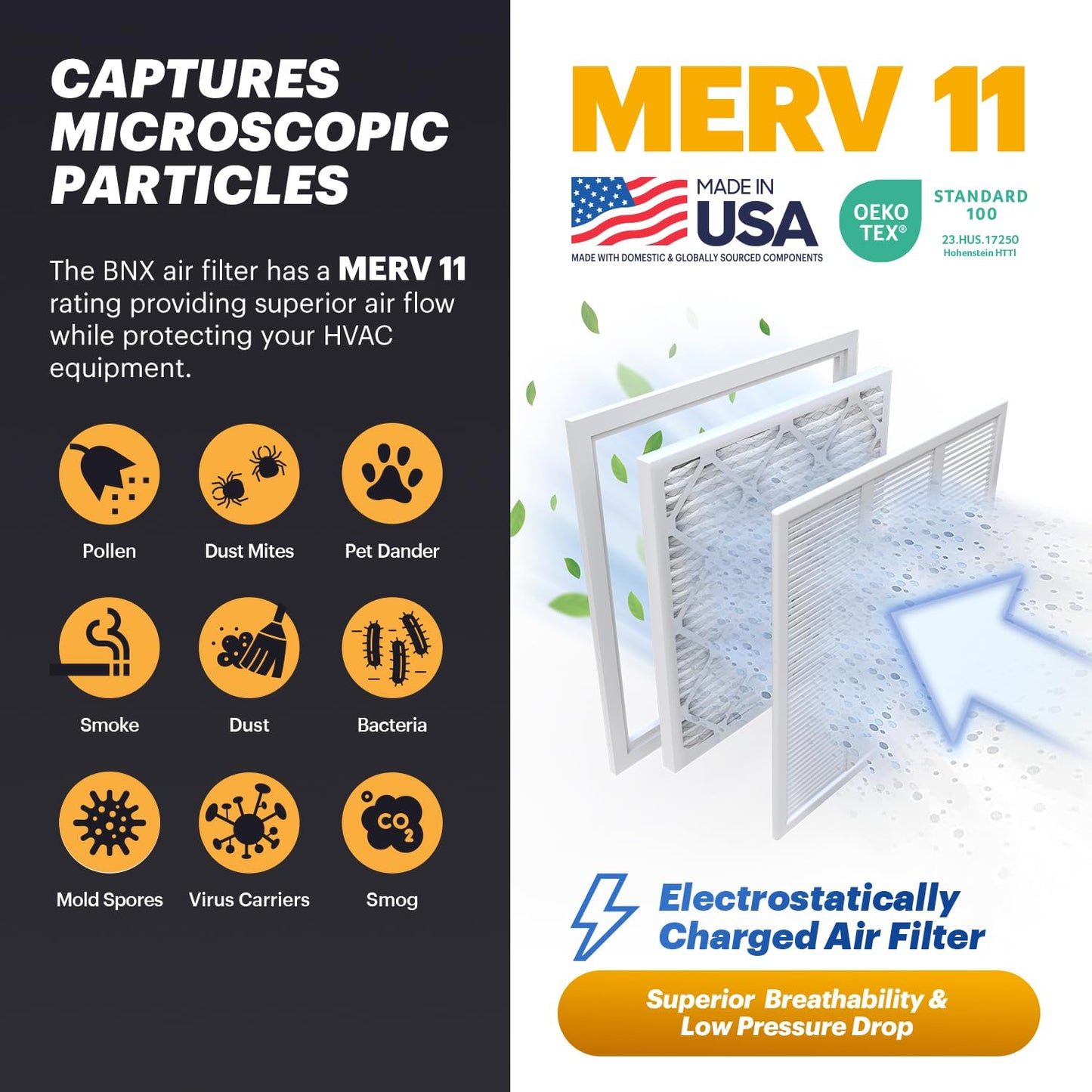 BNX TruFilter 20x22x1 Air Filter MERV 11 (4-Pack) - MADE IN USA - Allergen Defense Electrostatic Pleated Air Conditioner HVAC AC Furnace Filters for Allergies, Dust, Pet, Smoke, Allergy MPR 1200 FPR 7