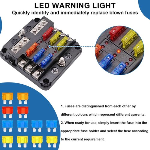 Yasdyri 6 Way 12V fuse box waterproof fuse box holder with LED indicator 6 way fuse block with 12V blade 6 circuit for Automotive Truck Boat Marine RV Van Vehicle