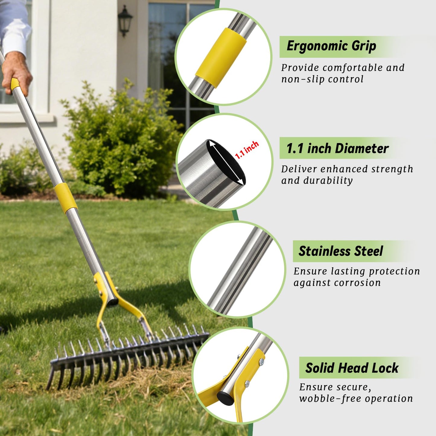 Thatch Rake, 15-Inch Wide Manual Dethatcher Rake for Cleaning Dead Grass, Loosening Soil, Efficient Stainless Steel Dethatching Rake with Long Adjustable Handle, Thatch Rakes for Lawns, Yard, Garden