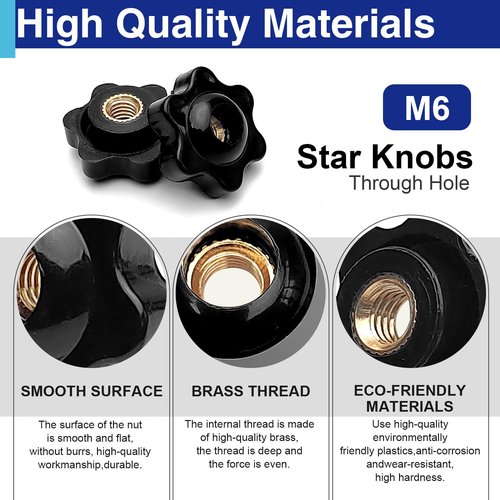 Usdrwam 20 Pcs M6 Knob 6 Star Knobs Female Threaded Hexagon Head Black Nylon Screw-On Type Thru Knob Clamping Knobs Jig Knobs T Track Bolts