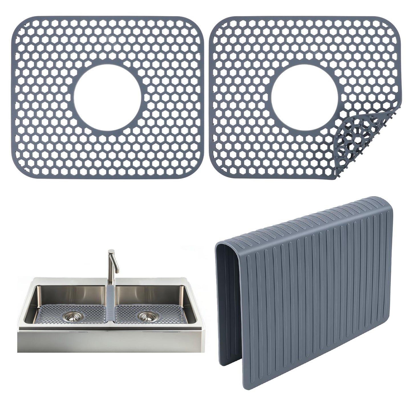 3pcs Grey Kitchen Sink Mats and Sink Saddle Set,13.38 X 11.4inch Non-Slip Heat Resistant Silicone Sink Mat Sink Bottom Grid Sink Divider Center Drain