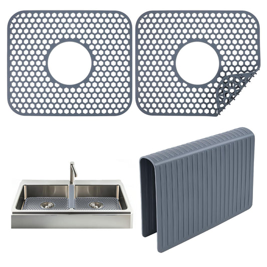 3pcs Grey Kitchen Sink Mats and Sink Saddle Set,13.38 X 11.4inch Non-Slip Heat Resistant Silicone Sink Mat Sink Bottom Grid Sink Divider Center Drain