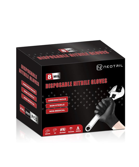 NEOTRIL 8 Mil Heavy Duty Disposable Nitrile Gloves with Raised Diamond Texture Grip Rubber Gloves, Latex & Powder Free Mechanic Gloves for Household Cleaning, Black | 200 Pcs