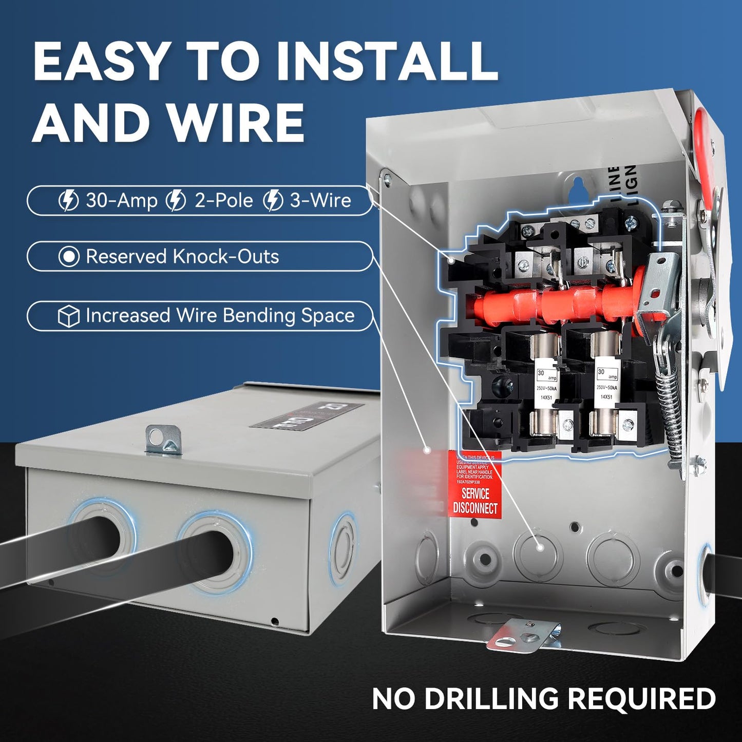 30 Amp Disconnect Box, 2 Pole Fusible Safety Switch, 110/240V, Heavy Duty Metal Structure, Reserved Knout-Outs Design, NEMA 3R Enclosure for Outdoor, 10-Year Warranty, Ideal for Commercial Application