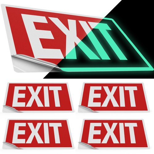 Sunco Photoluminescent Exit Signs, Glow In The Dark Emergency Sign, Non-Electrical, Adhesive Backing, Fade Resistant, Waterproof, Tear Resistant, Up to 50FT Visibility 4 Pack.