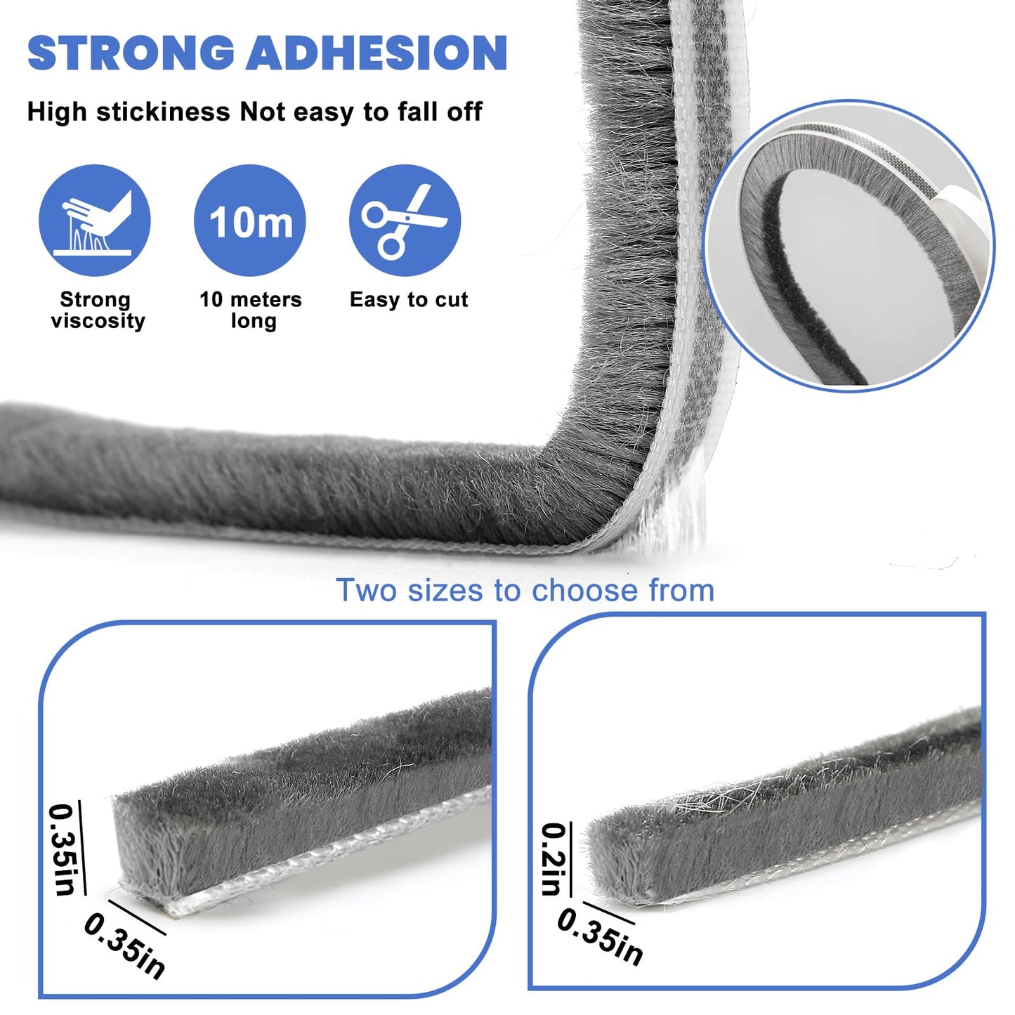 33 Ft Gray Self-Adhesive Weather Stripping - Soundproof, Draft Stopper for Doors & Windows | 0.35" W x 0.2" T