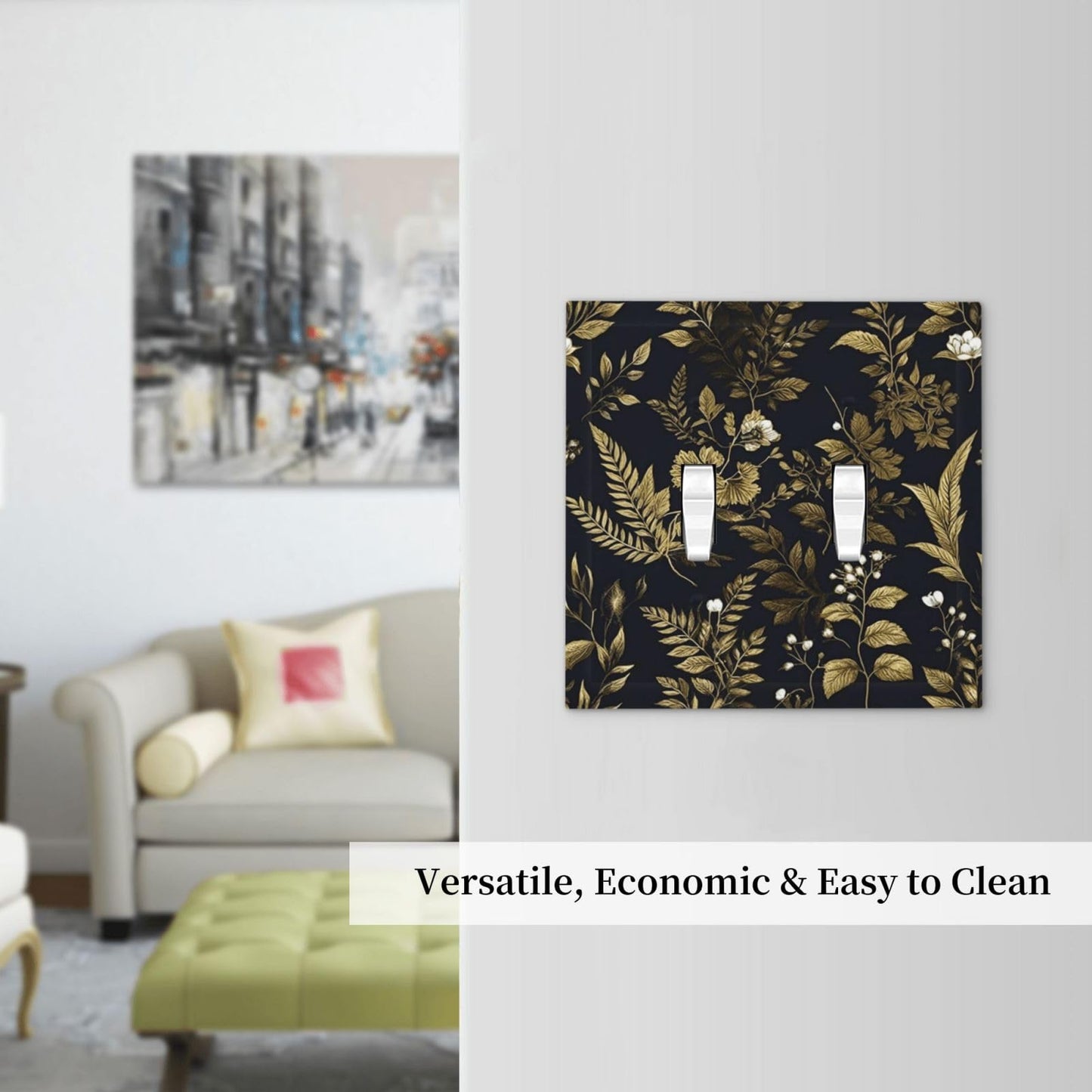 Xuejiaku Decorative Light Switch Plate Covers Rustic Black Glod Leaf Herbaceous Plants 2 Gang Light Switch Cover Plate Unique Double Toggle Wall Plate Outlet Covers Faceplate for Bedroom Decor