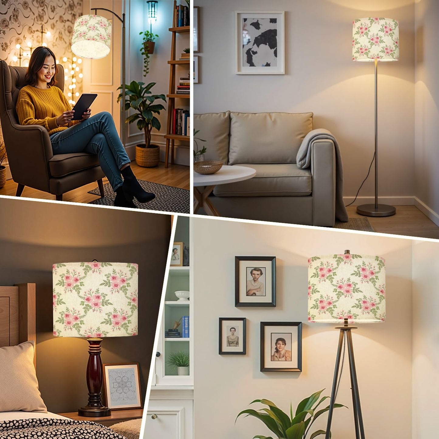 Boho Drum Lamp Shades - 11" x 11" x 8.9" Flower watercolor seamless white Replacement Natural Linen Lampshades for Table Lamps, Floor Lamps Easy Assembly