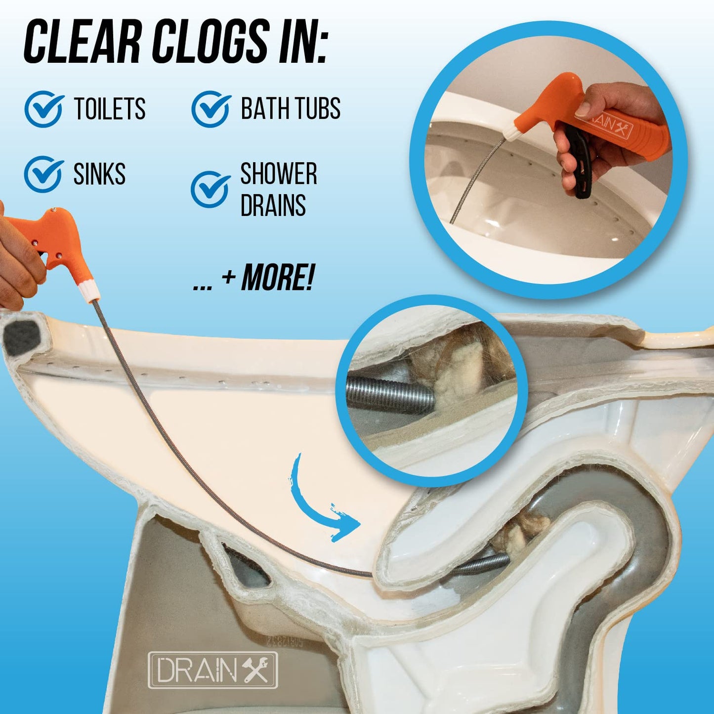 Pistol Grip Grabber Claw, Drain Clog Pickup Snake, Remove Hair and Clogs from Sink, Shower, Tub, Toilet Drains, 2-Ft