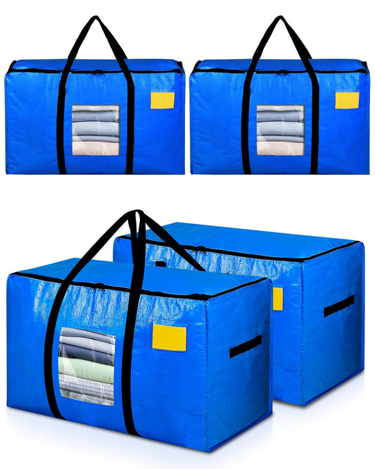 AdeaBag Extra Large Moving Bags, 4 Pack Heavy Duty Storage Bags Boxes Bins Totes with Hnadles Zippers Visible Window for Clothes College Dorm Travel, Blue