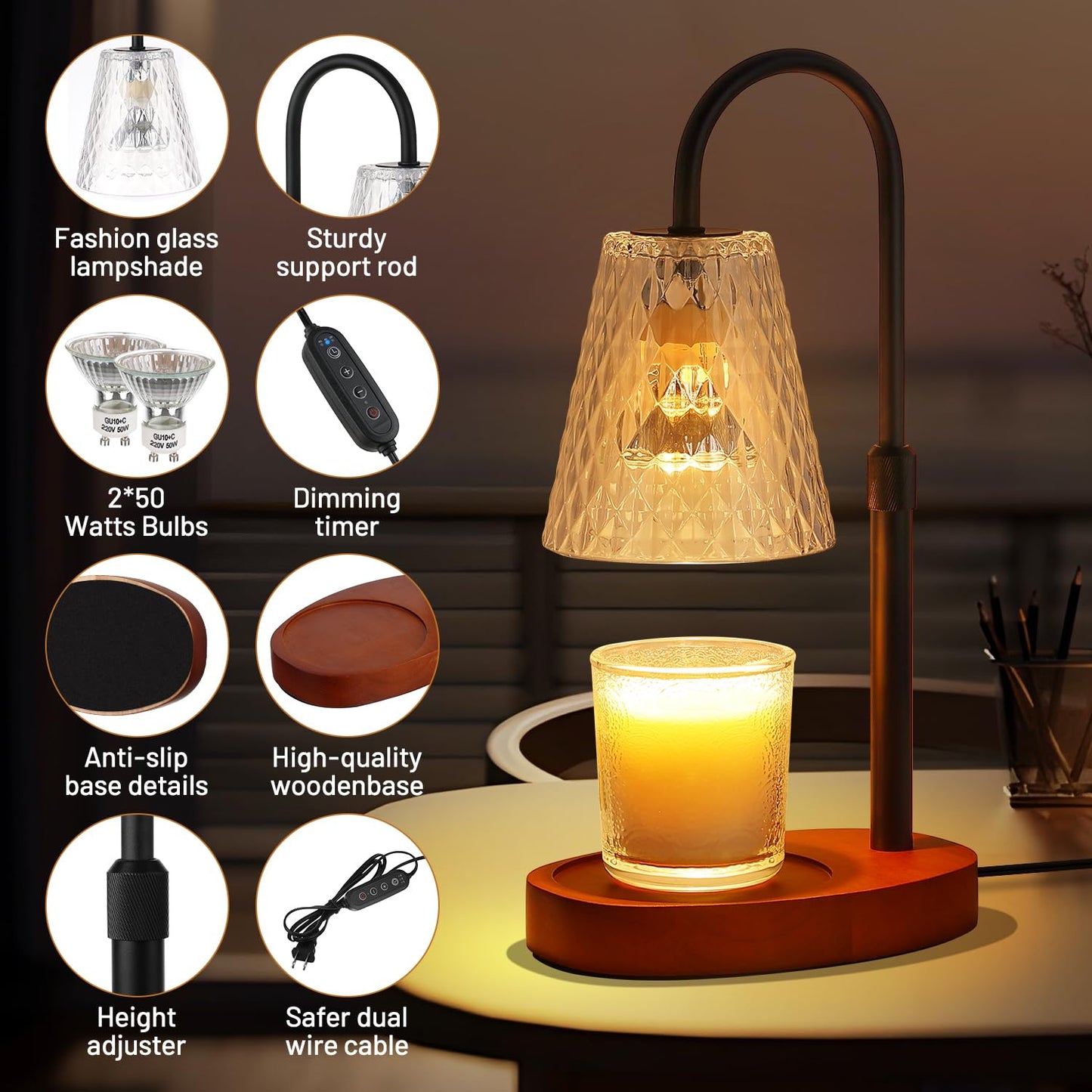 Candle Warming Lamp with Timer : Adjustable Light Level Adjustable Height Flameless Safety Candle Lamps - Jar Candles Home Decoration