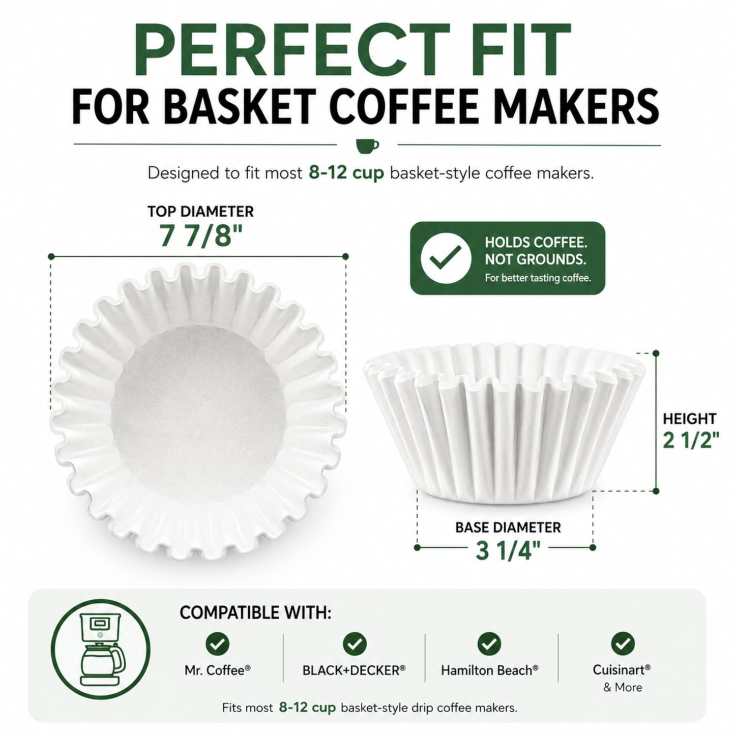 Coffee Filters for 8-12 Cup, 100 Count White Basket Coffee Filters, Strong & Tear Resistant Disposable Paper, Compatible with Most Basket Coffee Makers