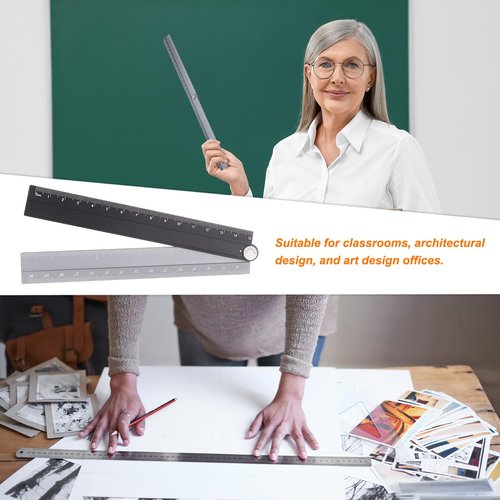 Generic Folding Straight Ruler 30cm Metric Aluminum Alloy Protractor Foldable Angle Ruler Geometric Measuring Tool with Angle Line for Architects Artists Office, Black Silver Tone