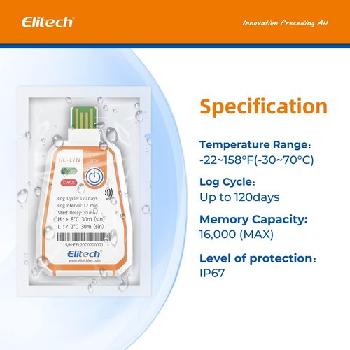 Elitech 10Pack USB/NFC PDF Data Logger Recorder Single-use Disposable, up to 120 Days Transportation, Temperature Monitoring Report -22～158℉ RC-17N