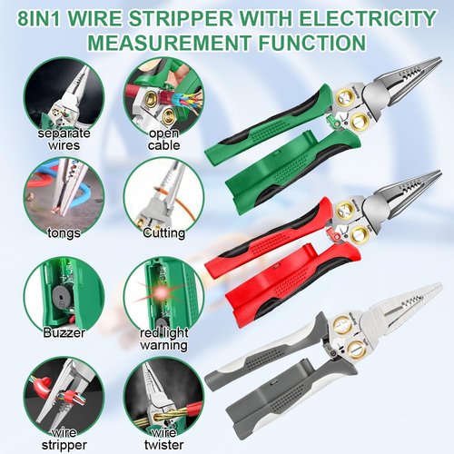8 IN 1 Wire Strippers Twister with Electricity Measurement Function,Multifunctional Wire Stripping Pliers for Cutting and Pulling Wires Cable Scissors,Scraping and Pressing with Voltage Test (Green)