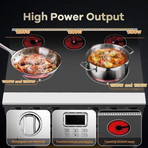 36" Stainless Steel Electric Range - 6 Cu.Ft Convection Oven with 5-Element Glass Cooktop, 6 Cooking Functions, Silver