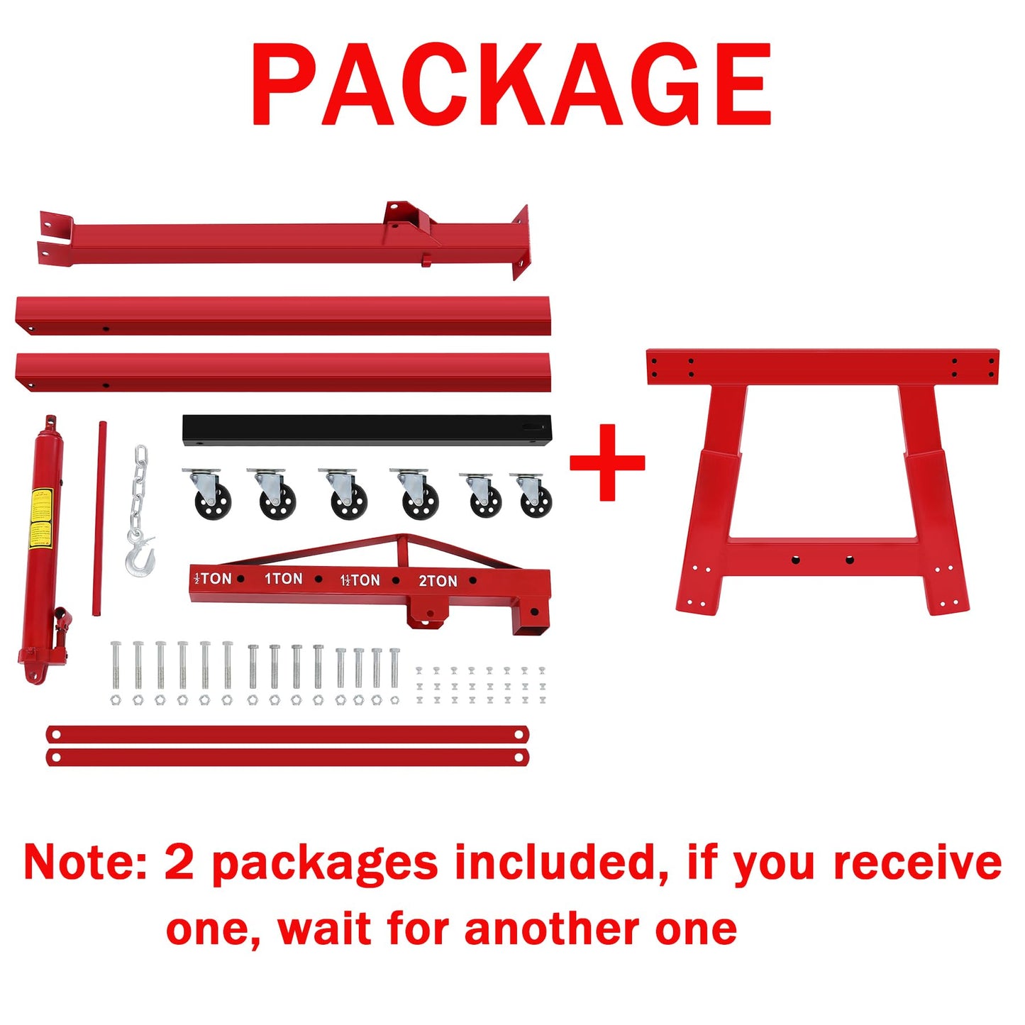 H-YEEU Hydraulic Engine Crane Hoist, 2 Ton Folding Motor Hoist Cherry Picker Heavy Duty Steel 4400lbs Lifting with 6 Casters for Garage Workshop(Red)