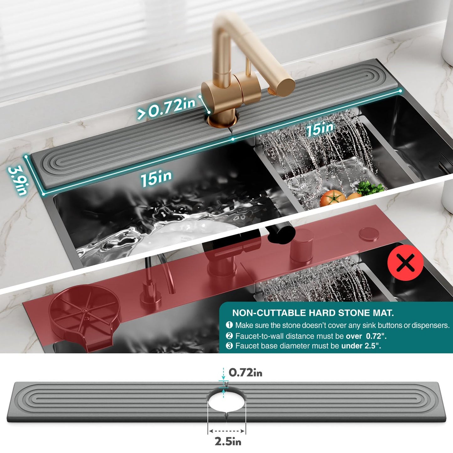 eormoe 30 inch Kitchen Faucet Absorbent Mat - Diatomaceous Earth Splash Guard for Sink Faucet, Aesthetic Water Absorbing Stone Tray in The Modern Home(Grey, 30" x 3.9")