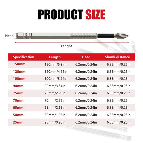 TFNBR Anti Slip Screwdriver Bits, 12-Piece High-Magnetic Screwdriver Drill Bit Set, Magnetic Screwdriver Bit Set for Electric & Impact Drivers, 25 50 65 70 90 150mm Drill Bit Set