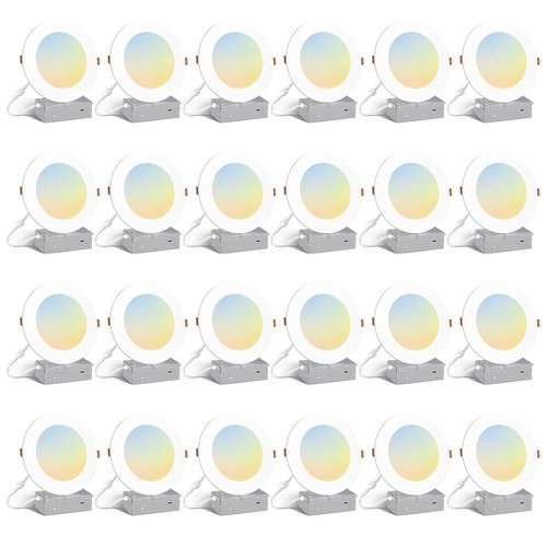 Amico 24 Pack 6 Inch 5CCT Ultra-Thin LED Recessed Light with Junction Box, 2700K/3000K/4000K/5000K/6000K Selectable, 1000LM Brightness, Dimmable Canless Wafer Downlight, 12W Eqv 110W-ETL&FCC