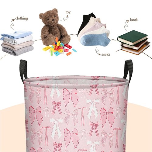 Pink Bow Laundry Basket for Women Girls, Large Canvas Collapsible Organizer Storage Basket for Nursery,Office,Toy Organizer,Home,Decor - 19.7" X 15.7 "