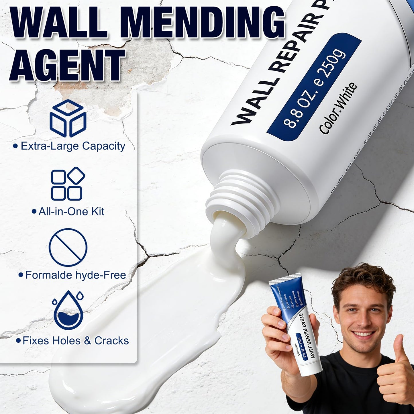 Drywall Repair Kit, 2 Pcs Spackle Wall Repair Kit, New Wall Crack Repair Paste, Wall Repair Paste Tube with Scraper/Sandpaper, Effective Repair of Scratches, Holes, Cracks and Wall Graffiti (2*250g)