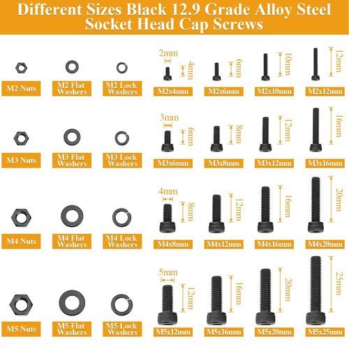 Sutemribor 2180 Pieces Black M2 M3 M4 M5 Hex Socket Head Cap Screws Nuts Washers Assortment Kit, Metric Screw Assortment with Hex Wrenches, 12.9 Grade Alloy Steel, Fully Threaded