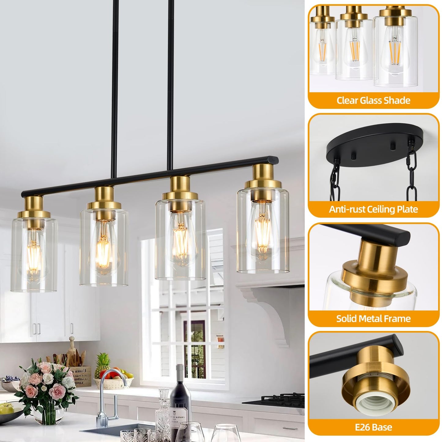 KPIOK Island Lights for Kitchen, 4-Light Farmhouse Dining Room Light Fixtures Over Table, Matte Black and Gold Linear Chandeliers for Dining Room，Industrial Pendant Lighting with Clear Glass Shade