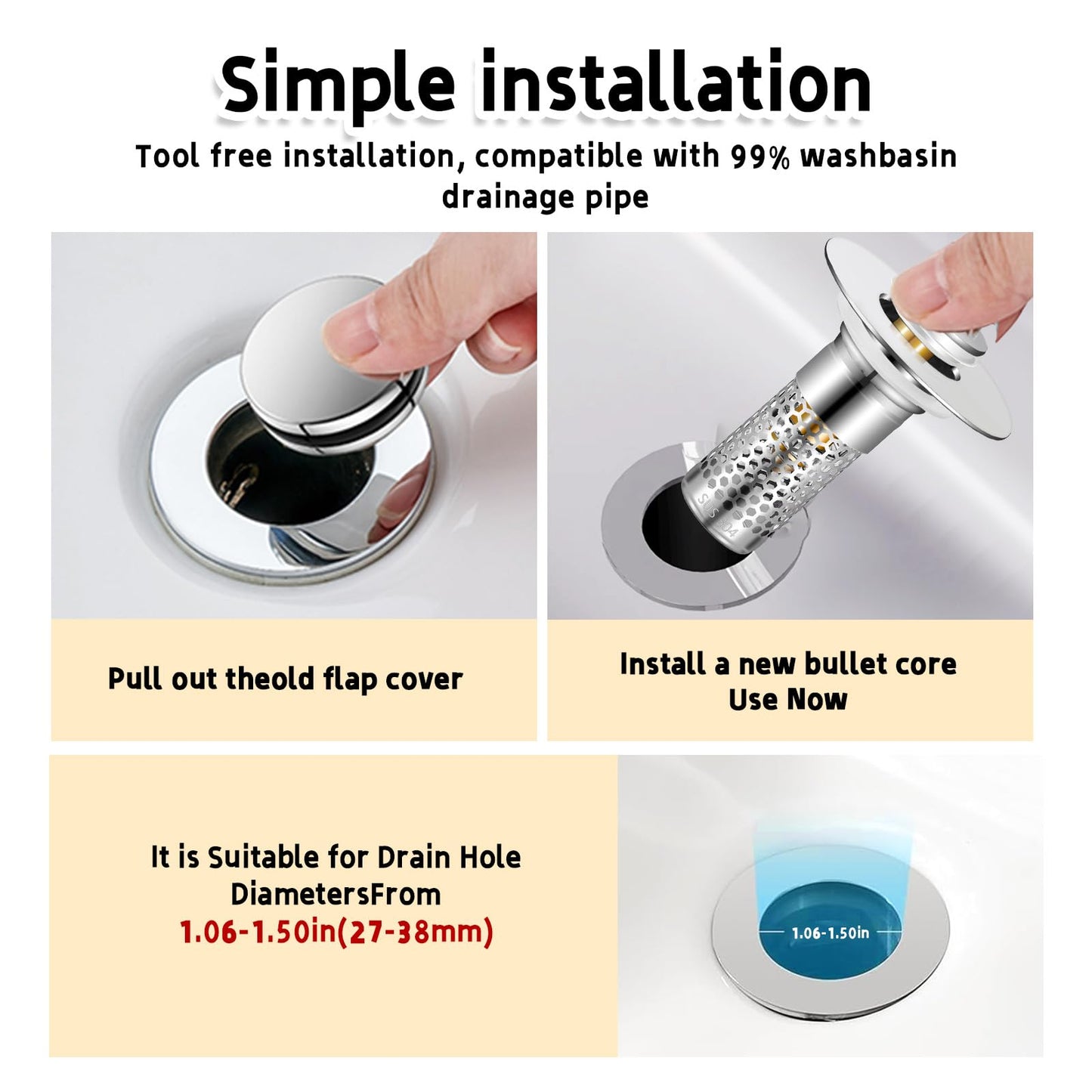 TONGDWOU 2Pack Bathroom Sink Stopper 1.06"-1.50", Universal Bathroom Sink Drain Pop Up Stopper for US Bathroom Sink Stainless Steel Floor Drain Filter, U.S. Standard Universal Drain Filter (Silver)