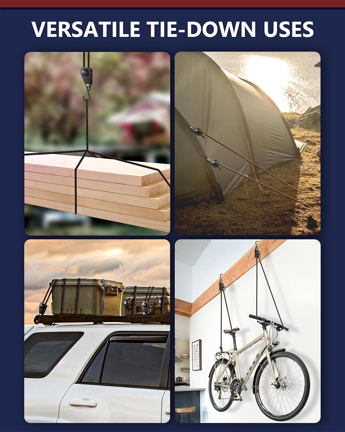 VIPARSPECTRA Retractable Heavy Duty Ratchet Tie Down Straps [4 Pack, 8ft, 75lbs/Pack], Rope Pulley System Rollers with Carabiner Hook for Kayak/Hanging Plants/Grow Light/Tents Various Tie-Down Uses