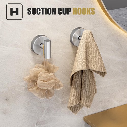 Brushed Nickel Suction Cup Bathroom Accessories Set,Towel Racks for Bathroom,5 Piece Bathroom Hardware Set Restroom Accessories,Includes 24" Towel Bar,Towel Ring,Toilet Paper Holder,Suction Cup Hooks
