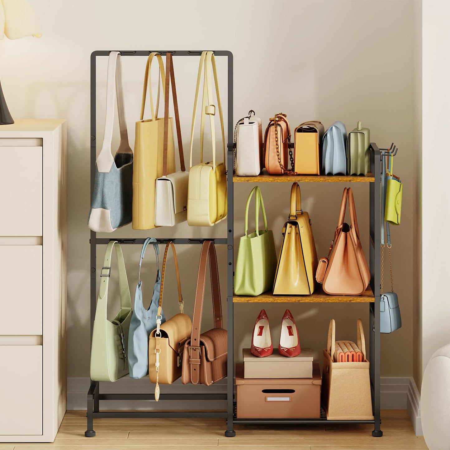 Purse Storage Organizer for Women, 3-Tier Max Purse Storage Stand Rack Holder & Bag Shelf for Closet,12 Fixed Hooks& 3 Side Hooks,Keeping Purses Visible,Purse Display & Bag Organizer for Various Bags