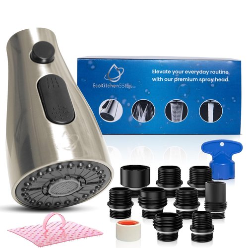 Kitchen Faucet Head Replacement – Pull-Down Sprayer for Moen, Delta & American Standard | 3-Mode Sink Faucet Spray Head with 9 Adapters, Brushed Nickel, Kitchen Sink Sprayer Replacement.