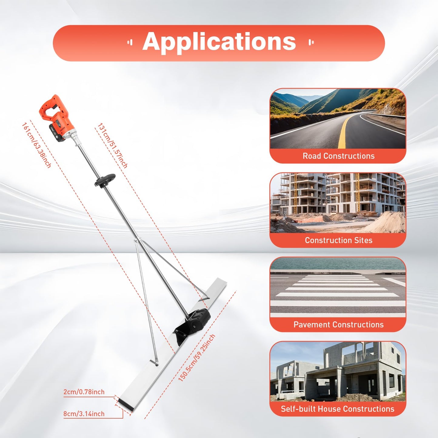 KAHYKLQI Power Concrete Screed Vibratory Kit,6000r/min Portable Cement Finishing Vibrating Tool with 59" Stainless Steel Blade,Electric Cordless Screed Board Kits for Construction Sites