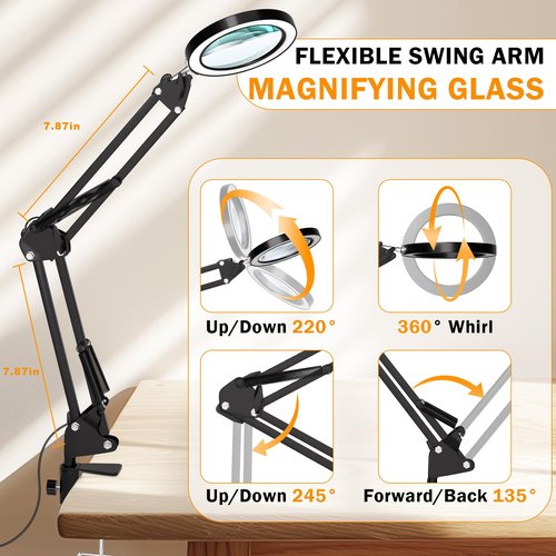 10X Magnifying Glass with Light and Clamp, Hands Free Magnifier with Lights, 3 Color Modes LED Dimmable Magnifiers Desk Lamp for Close Work Crafts Hobby Reading Painting Repair