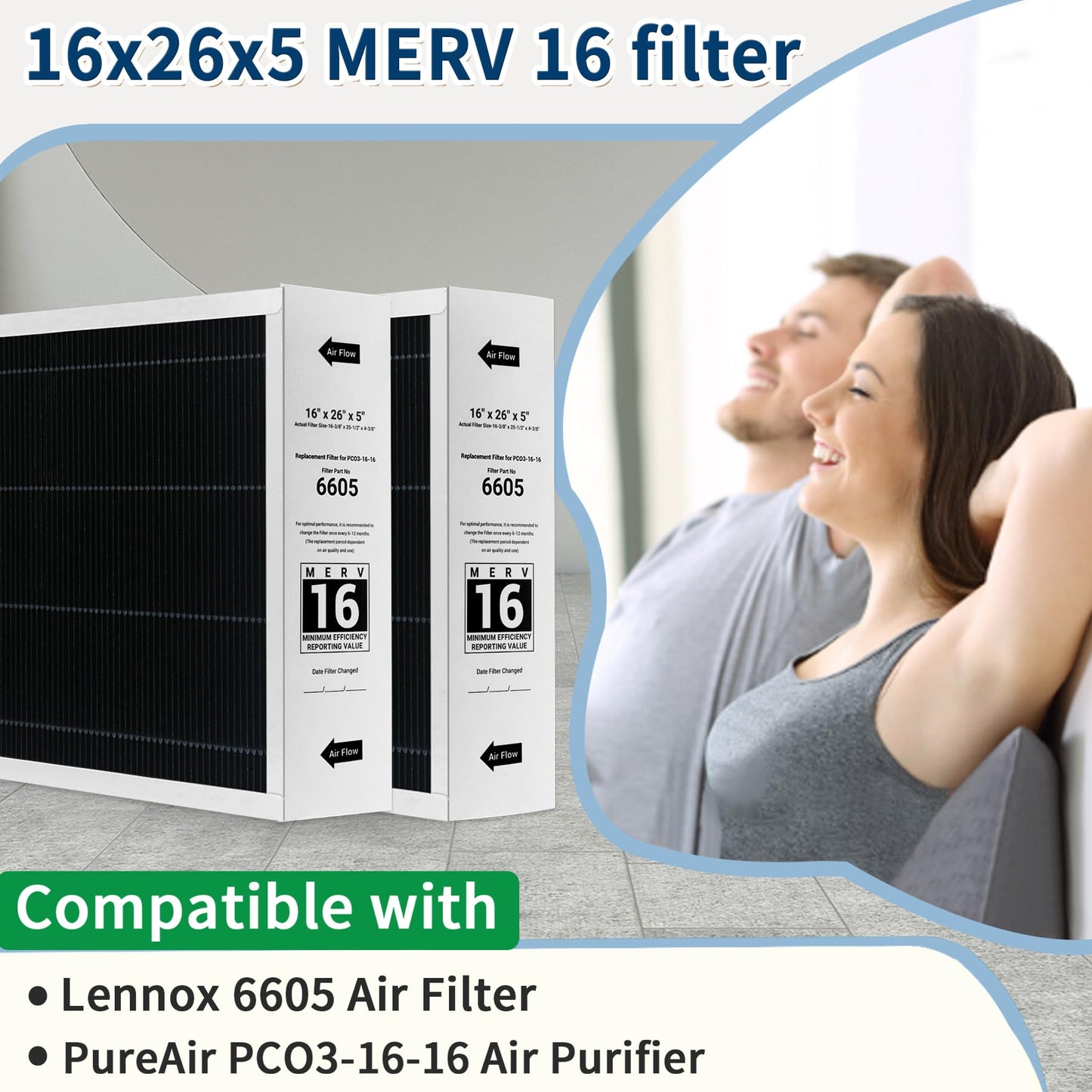 2 Pack 16x26x5 MERV 16 Replacement Filter,Replacement for Lennox 6605 Air Filter and Compatible with PureAir PCO3-16-16 Air Purifier
