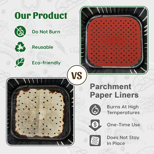 Reusable Square Silicone Air Fryer Liners (8.5 Inch, 3 Pack) by Linda’s Essentials - Non-Stick, Easy-Clean Accessories with Cheat Sheet & Recipe Book, Perfect for Quick Meals